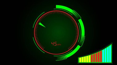 Red and green color abstract digital speed meter on black color background.