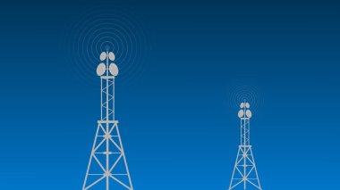 Digital technology abstract connecting tower with antennas radio wave illustration background.