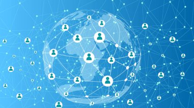 Digital technology communication network system on blue color illustration background.