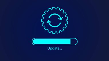 Abstract gear wheel and digital technology loading bar isolated on blue color illustration background.