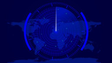 Dünya haritasında farklı bilgi örnekleme arkaplanı tarayan dijital teknoloji radar ekranı.