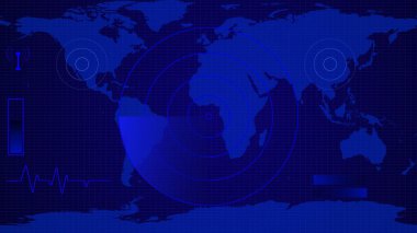 Dünya haritasında farklı bilgi örnekleme arkaplanı tarayan dijital teknoloji radar ekranı.