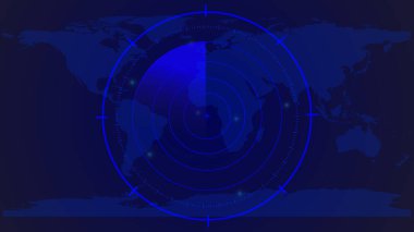 Dünya haritasında farklı bilgi örnekleme arkaplanı tarayan dijital teknoloji radar ekranı.