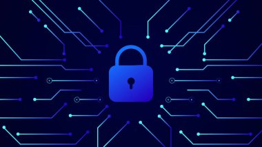 Güvenlik sistemi siber kilit ikonu. Dijital veri koruması siber güvenlik asma kilit resimleme arkaplanı.