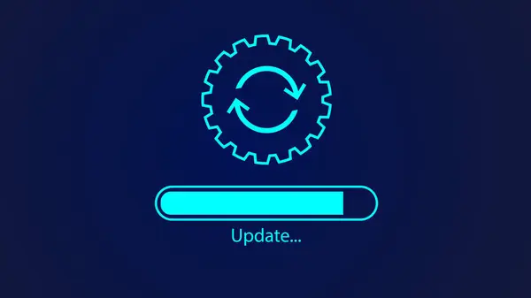 Soyut dişli tekerleği ve dijital teknoloji yükleme çubuğu mavi renk resimleme arka planında izole edildi.