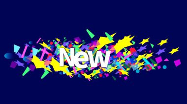 soyut renkli renksiz konfeti, renkli tasarım illüstrasyon arka planında NEW metni üzerinde.
