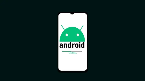 Glowing Android system device logo on smart phone design illustration background.