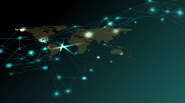 Abstract global network connection. World map point and line composition on green background.