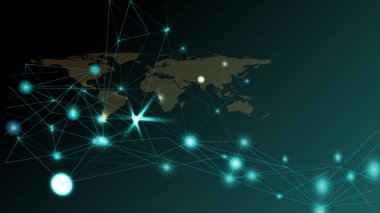 Abstract global network connection. World map point and line composition on green background.