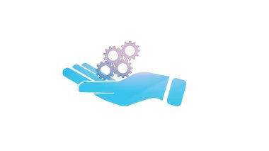 Cyan color hand symbol on settings icon, gear wheel logotype illustration background.