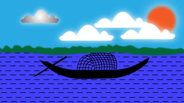 abstract artistic boat icon with cloud sky illustration background.