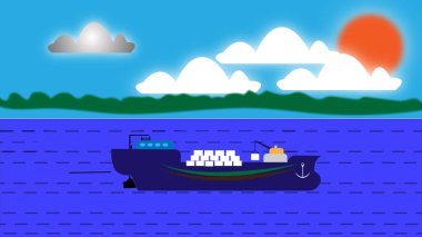 Abstract design cargo transportation ship with cloud sky and sun. abstract illustration design