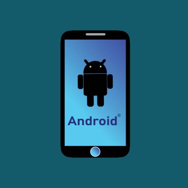Android logoti akıllı telefona yazdırıldı. android logo tasarımı resimleme arkaplanı.