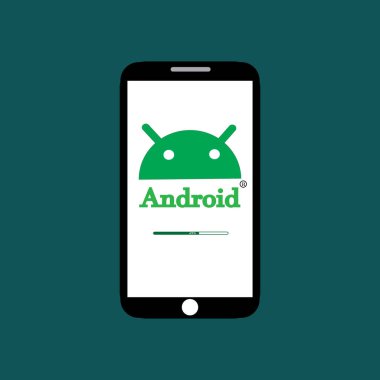 Android logoti akıllı telefona yazdırıldı. android logo tasarımı resimleme arkaplanı.