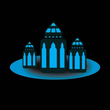 Cami dekorasyon festivalinin kubbesinin şekli soyut tasarım illüstrasyon arka planında gümüş lambaları asıyor.