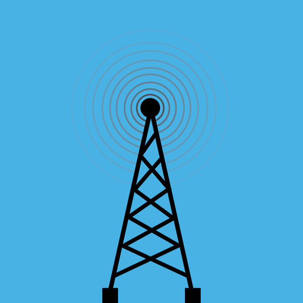 Digital technology abstract connecting tower with antennas radio wave illustration background.