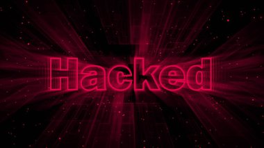 Abstract 3d neon glowing cyber crime Hacked icon isolated on red color techy background.