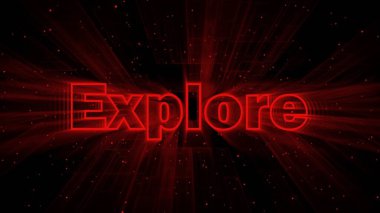 Abstract red color neon Explore icon with futuristic techy background