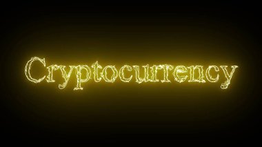Siyah arkaplanda izole edilmiş soyut neon parlayan kripto para birimi metin simgesi.