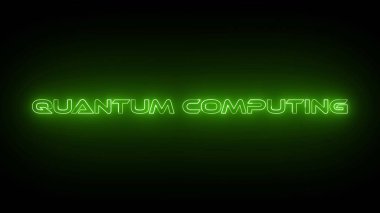 Soyut neon parlayan kuantum hesaplama simgesi siyah arkaplanda izole edildi.