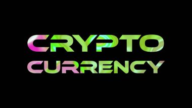 Siyah arka planda şifreli para birimi metni. Siyaha yazılmış çok renkli teknolojik kelime.