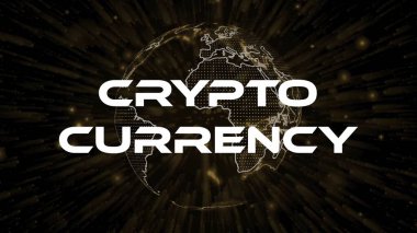 Si-fi parçacıkları arkaplanındaki kripto para birimi metin kavramı. Nokta parçacıkları teknolojik dünya.