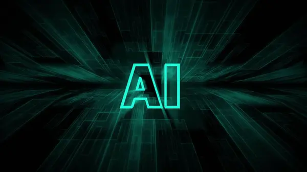 Parlayan neon rengi fütüristik yapay zeka simgesi teknolojik arkaplanda izole edildi.
