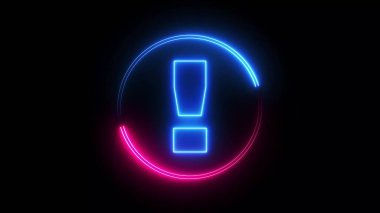 Blue and pink color glowing neon line circle with exclamation mark. black background. illustration abstract background