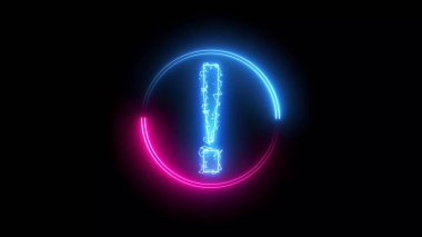 Blue and pink color glowing neon line circle with exclamation mark. black background. illustration abstract background