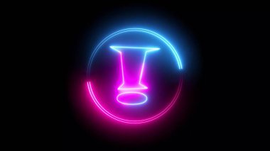 Blue and pink color glowing neon line circle with exclamation mark. black background. illustration abstract background