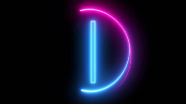 Neon light alphabet character D font with a glossy glass effect with shining highlights in a stencil font isolated on a black background.