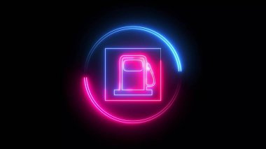 Blue and pink color glowing neon line oil miter on black background. feeling station. abstract illustration background.