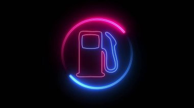 Blue and pink color glowing neon line oil miter on black background. feeling station. abstract illustration background.