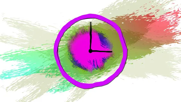 Abstract cartoon clock with color splash. time is 12 o clock.