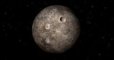 fictional Planet sun rise in dark background with stars. front view of Haumea planet from space. full 3d view of Haumea 4k resolution.