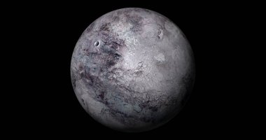 fictional Eris sun rise in dark background with stars. front view of eris planet from space. full 3d view of eris 4k resolution.