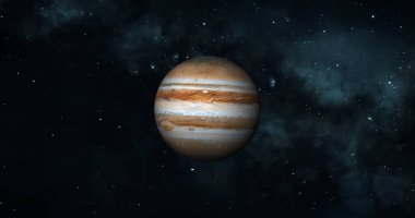 Jupiter planet on space with colorful starry night. front view of Jupiter planet from space with beautiful galaxy. 3d rendered planet. full view of Jupiter 4k resolution.