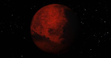 Planet mars sun rise with stars in background. front view of Mars planet from space. full 3d view of Mars 4k resolution