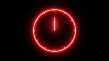 Glowing neon clock on black. time 12:00 o clock.