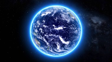 Shine light and glow small stars with Earth to realistic style from cosmos. Globe is centered in frame. illustration background.