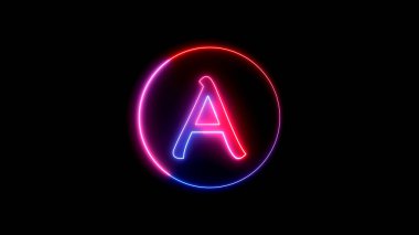 Glowing neon font. Blue, pink and red color glowing neon letter. Glowing neon line in a circular path around the A alphabet.