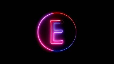 Glowing neon font. Blue, pink and red color glowing neon letter. Glowing neon line in a circular path around the E alphabet.