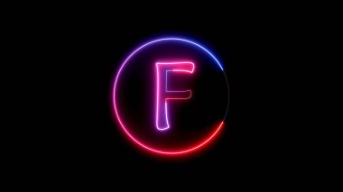 Glowing neon font. Blue, pink and red color glowing neon letter. Glowing neon line in a circular path around the alphabet.