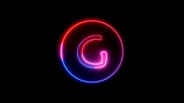 Glowing neon font. Blue, pink and red color glowing neon letter. Glowing neon line in a circular path around the alphabet.