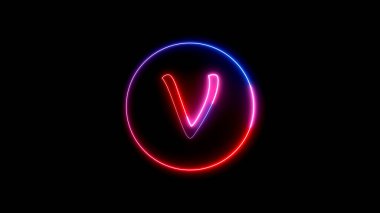 Glowing neon font. Blue, pink and red color glowing neon letter. Glowing neon line in a circular path around the alphabet.