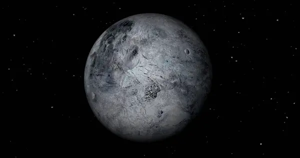 fictional Eris sun rise in dark background with stars. front view of eris planet from space. full 3d view of eris 4k resolution.