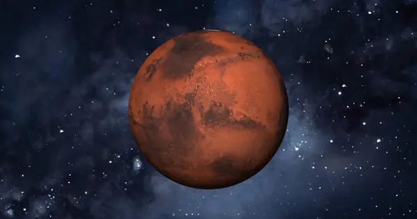 Planet Mars on Outer Dark Space. Mars 3d Red Planet in Dark universe with space stars and Particle.