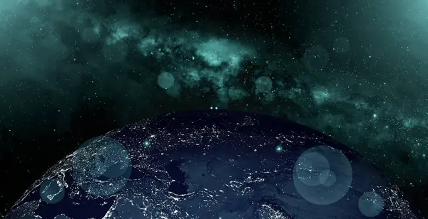 Planet earth in night scene with night city lights from space. Animated night earth with light bulb. 3d space with colorful milky way. beautiful galaxy over 4k resolution.