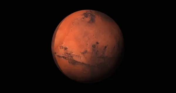 惑星の火星の太陽の上昇は暗く隔離される 火星の惑星を3D空間から見ることができます 火星4K分解能の完全な3Dビュー ストック写真
