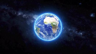 Dünya gezegeninin uzayda renkli yıldızlı gecesiyle. Bulutlar ve yeşil manzaralı, yeryüzünün ön görüntüsü 4k çözünürlükte..